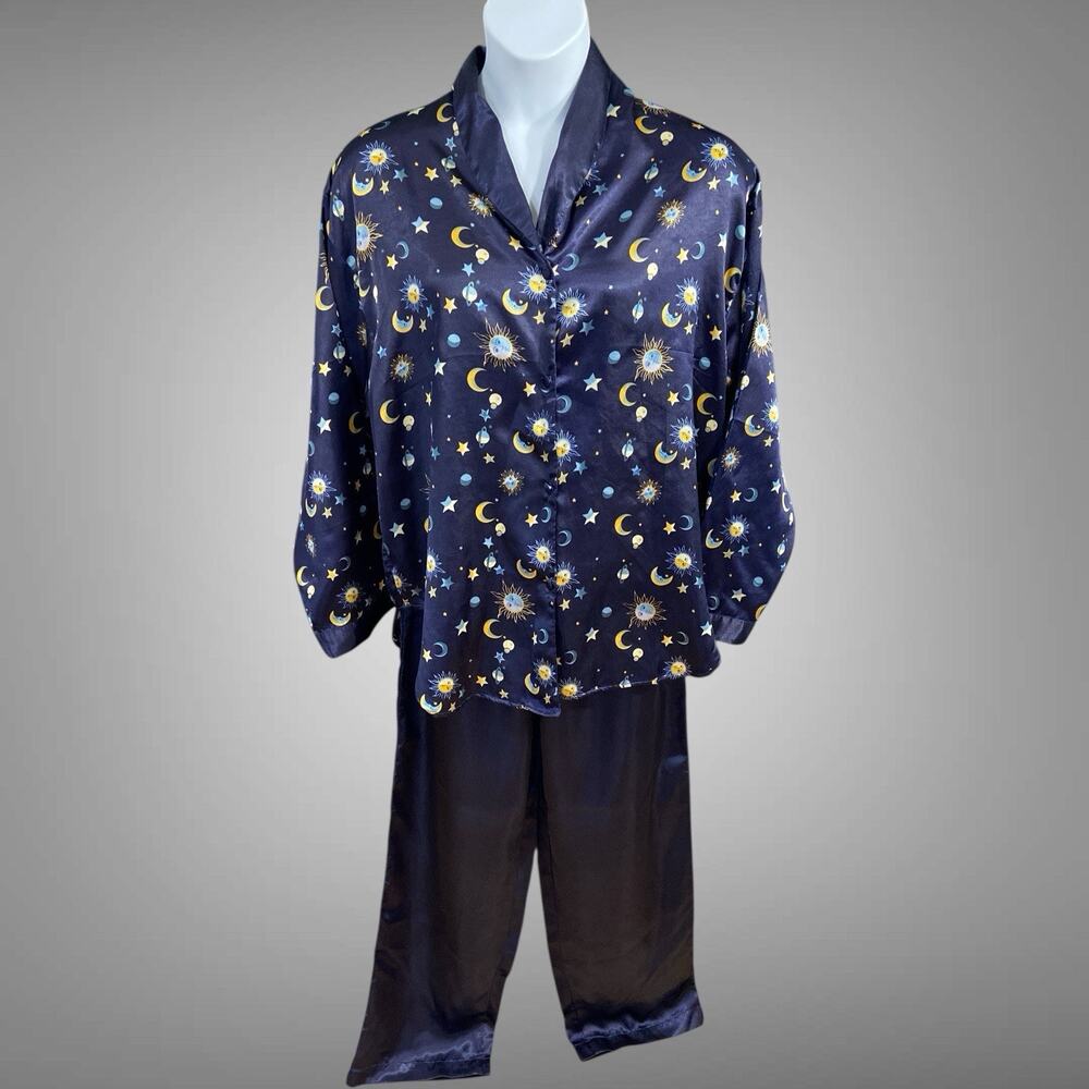 Vintage Y2K Dream Modes Celestial Sun Moon Stars Pajama Set Womens Size XL Satin